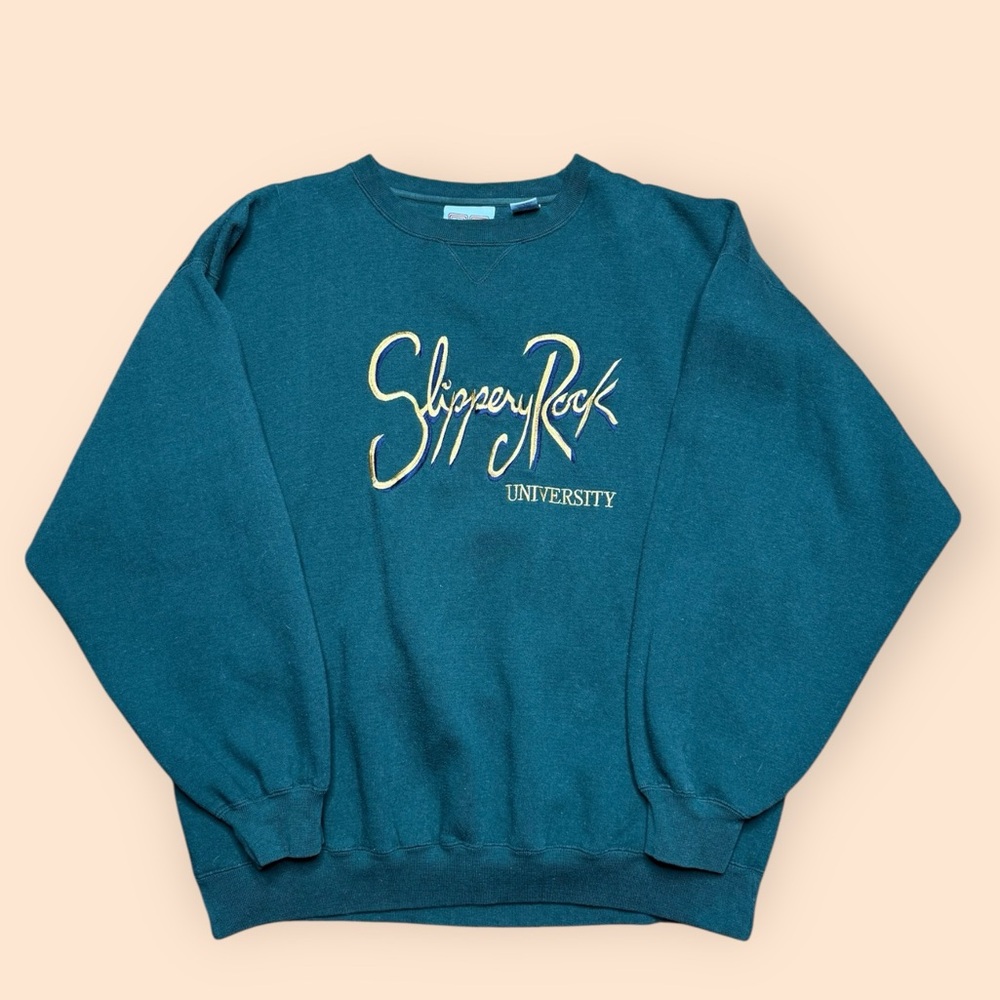Vintage 1990s Slippery Rock Unversity Embroidered Crewneck Sweatshirt XL Green